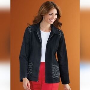 Tudor Court Haband Star-Studded Denim Jean Jacket 100% Cotton Black Size Large